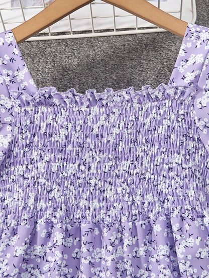 Vestido Floral Morado Para Niña Con Volantes Y Manga Farol