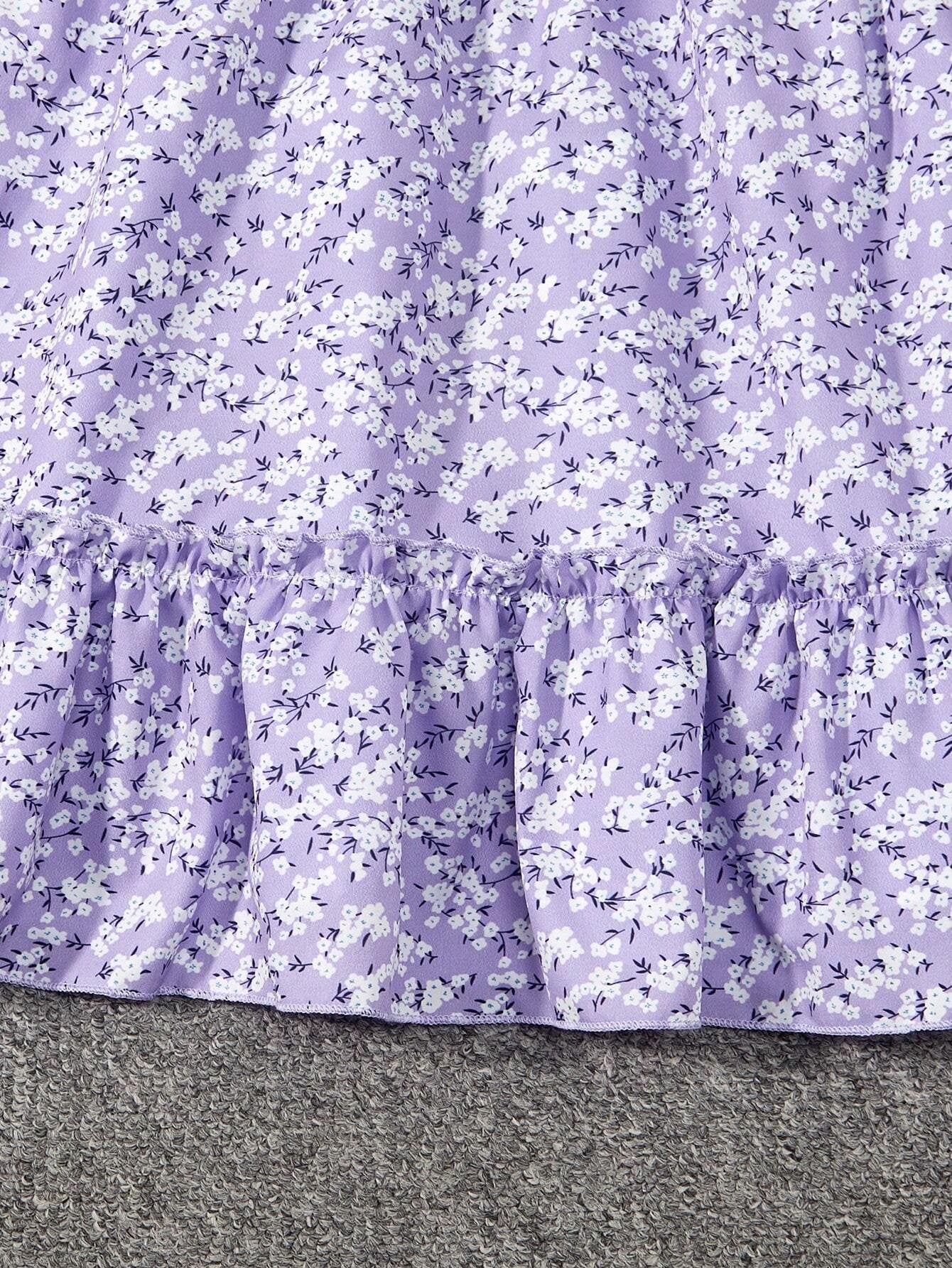 Vestido Floral Morado Para Niña Con Volantes Y Manga Farol