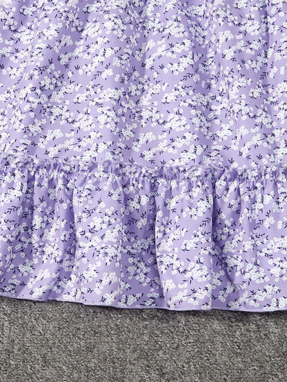 Vestido Floral Morado Para Niña Con Volantes Y Manga Farol