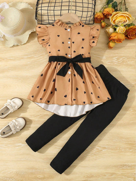 Conjunto De Corazones Con Lazo Y Pantalón Para Niña