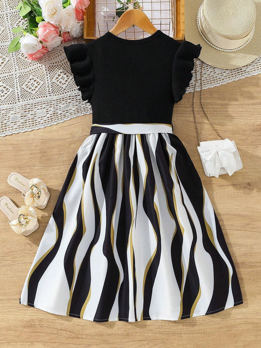 Vestido Negro Con Estampado Cebra Para Niña Con Cinturón