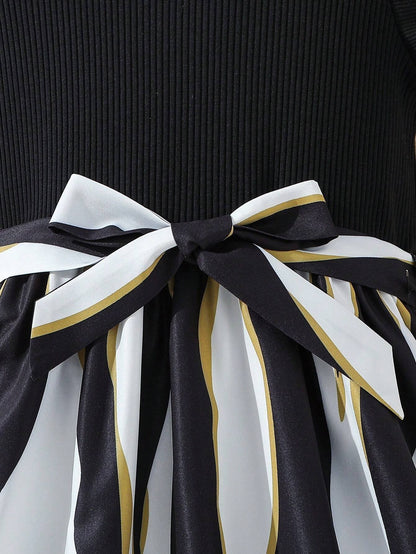 Vestido Negro Con Estampado Cebra Para Niña Con Cinturón