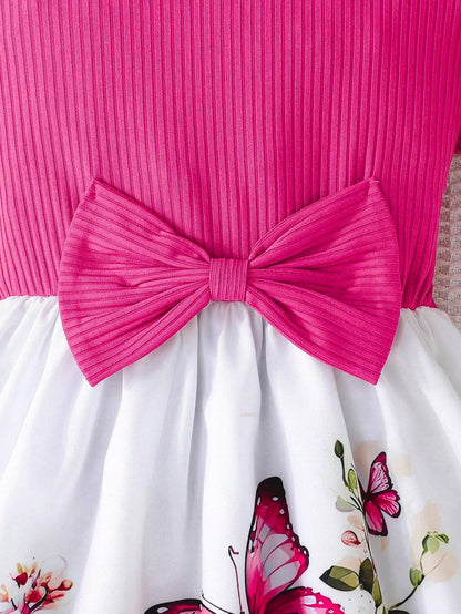 Vestido Rosa Fucsia Con Mariposas Y Lazo Para Niña