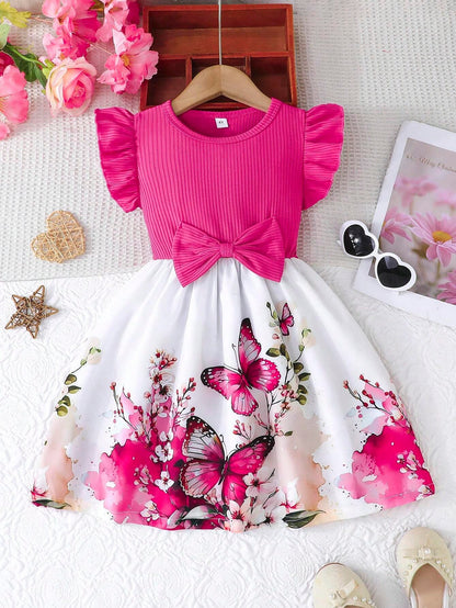 Vestido Rosa Fucsia Con Mariposas Y Lazo Para Niña