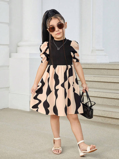 Vestido Negro Con Estampado Gráfico Para Niña Con Manga Farol