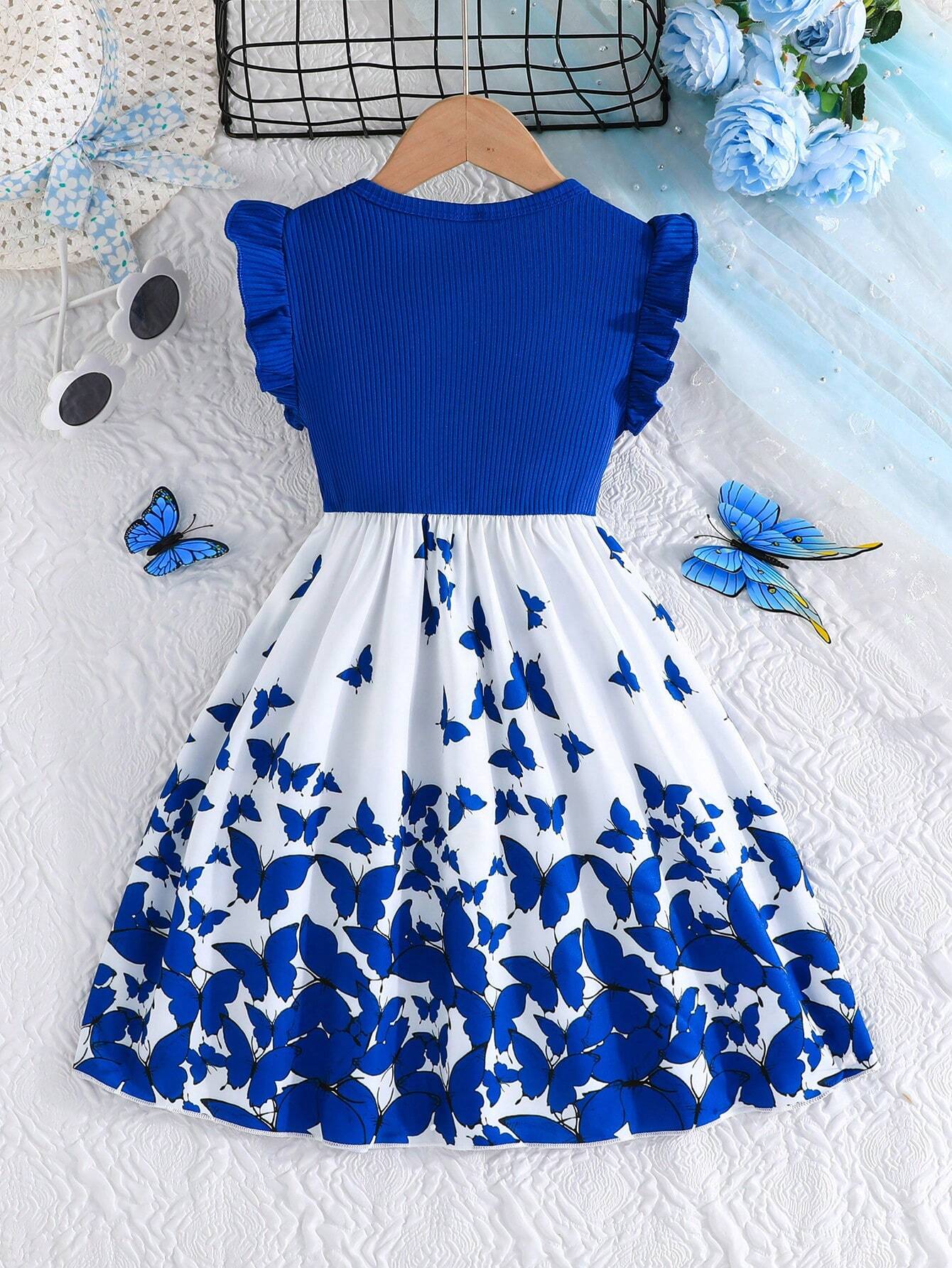Vestido Azul Con Estampado De Mariposas Para Niña