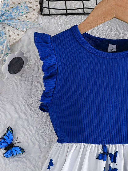 Vestido Azul Con Estampado De Mariposas Para Niña