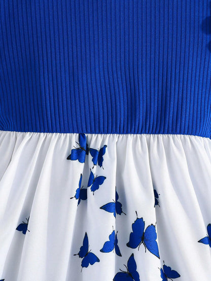Vestido Azul Con Estampado De Mariposas Para Niña