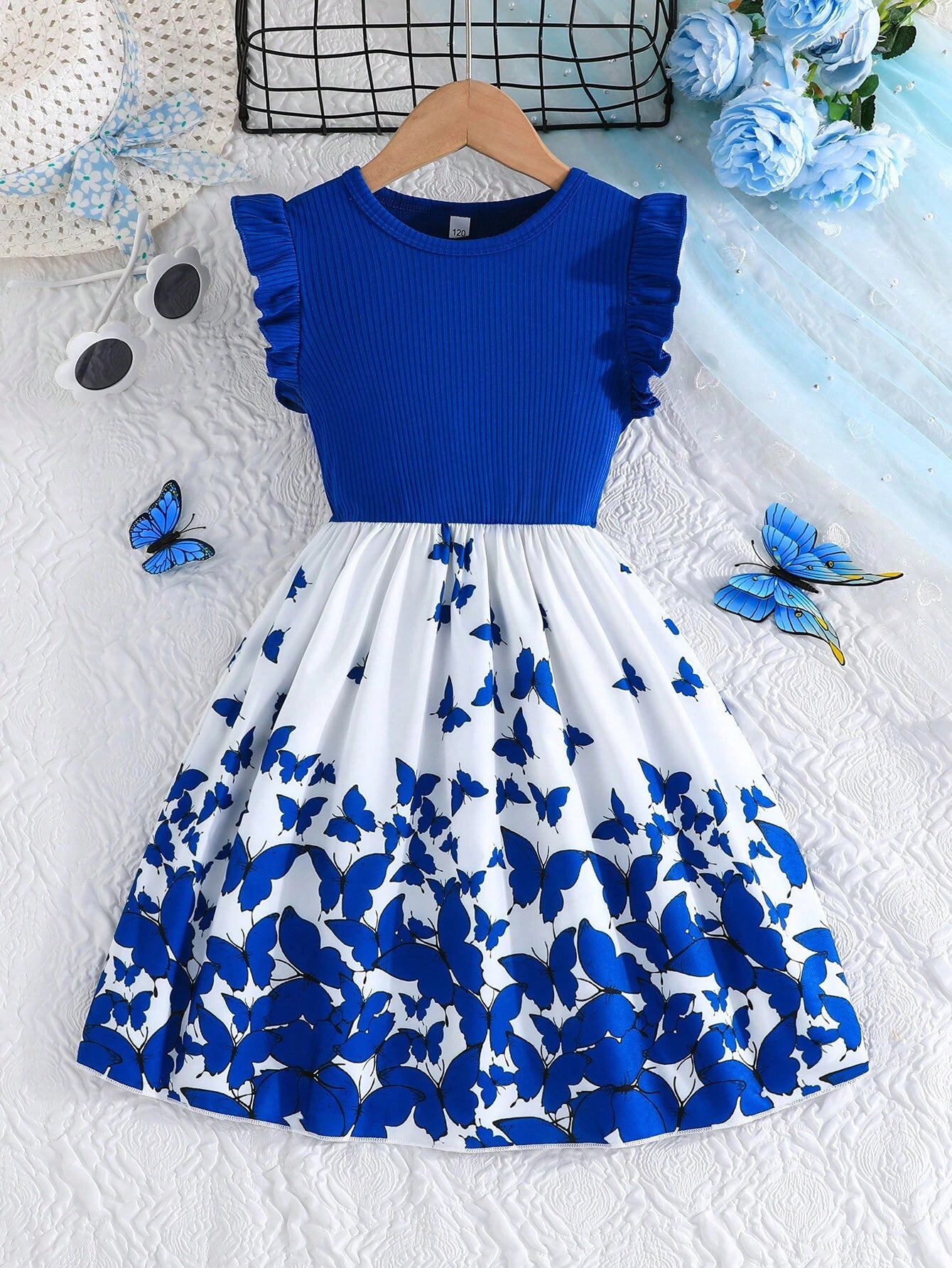 Vestido Azul Con Estampado De Mariposas Para Niña