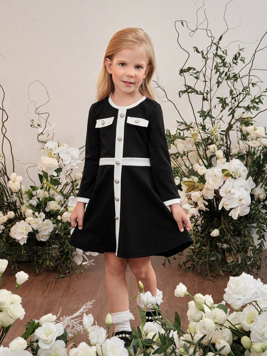 Vestido Negro Elegante De Niña Con Botones