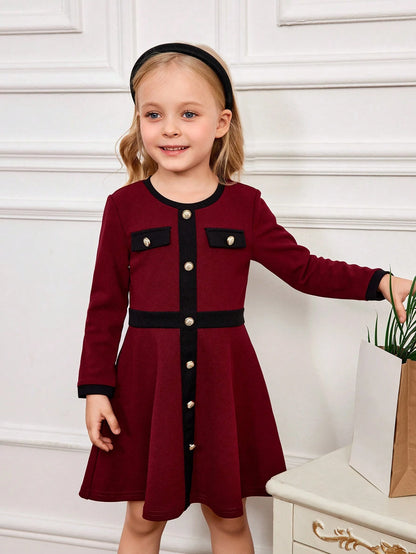 Vestido Rojo con Botones y Detalles en Negro para Niña