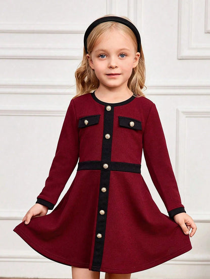 Vestido Rojo con Botones y Detalles en Negro para Niña