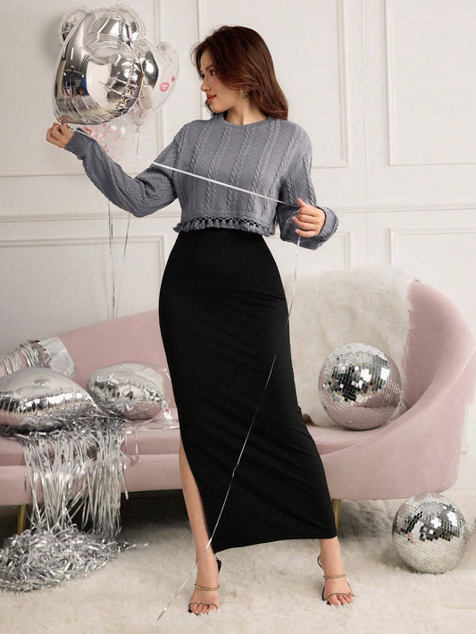 Set De Vestido Largo Negro Con Suéter Gris