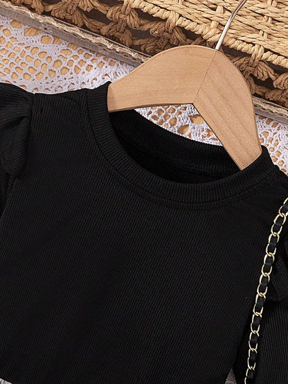 Vestido Negro Con Falda De Tul Bordado Para Niña