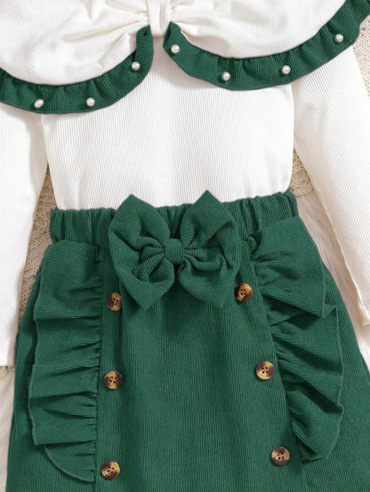 Conjunto con Blusa y Falda Verde con Volantes Para Niña