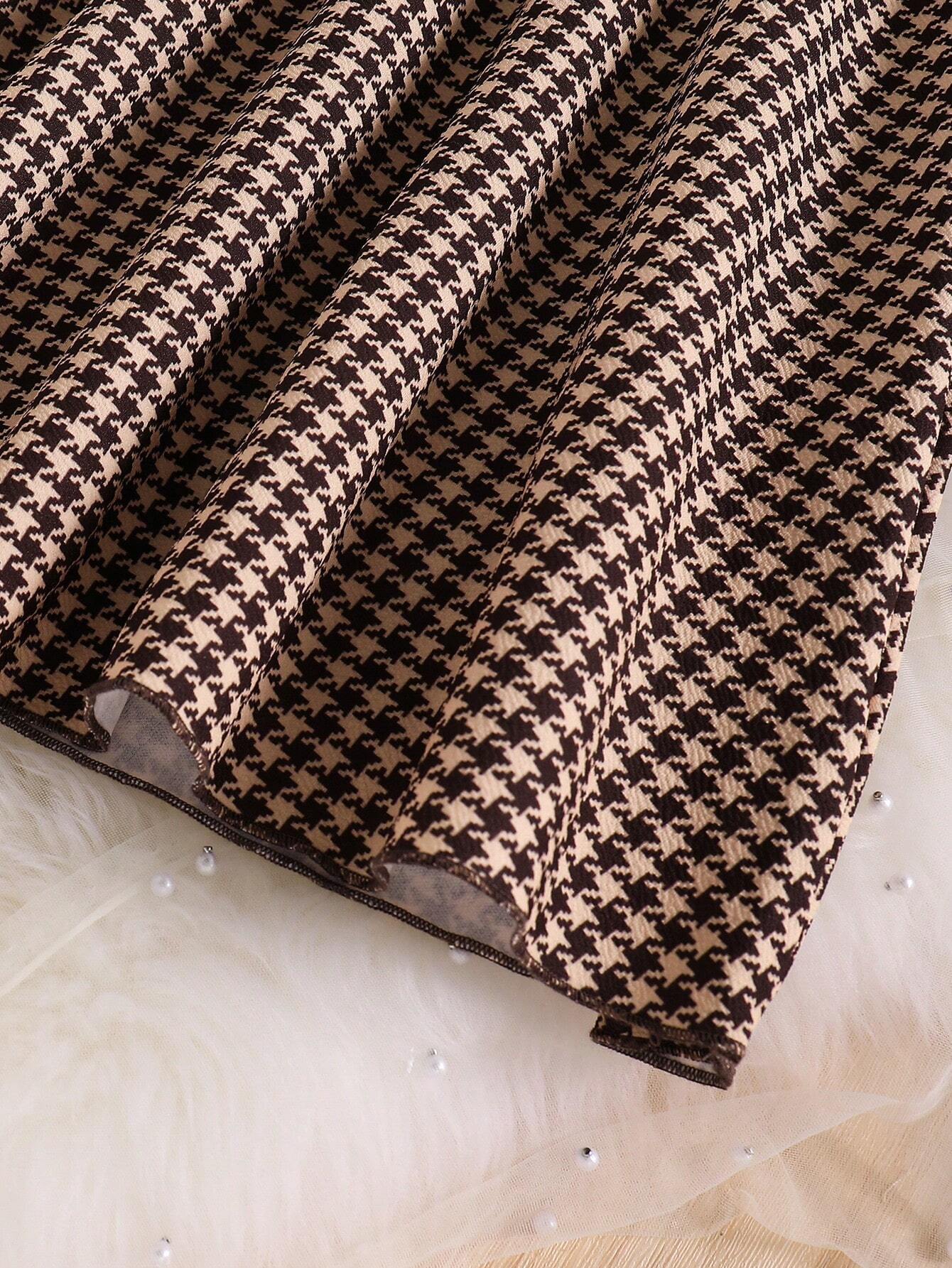 Vestido Café Con Estampado Pata De Gallo Para Niña