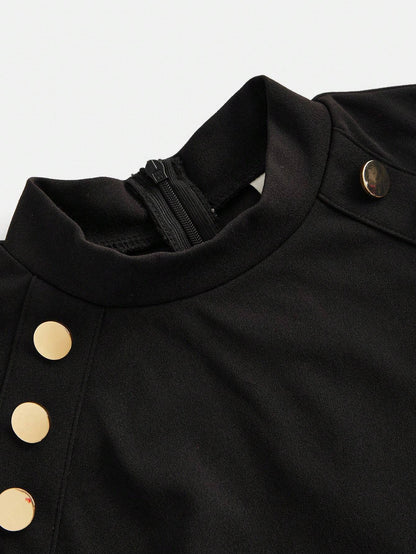 Vestido Negro Con Mangas De Gasa Y Botones Dorados Para Niña