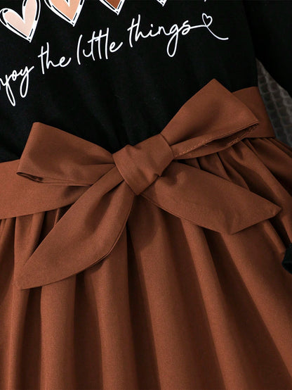 Vestido Casual Para Niña Con Moño Y Estampado De Corazones