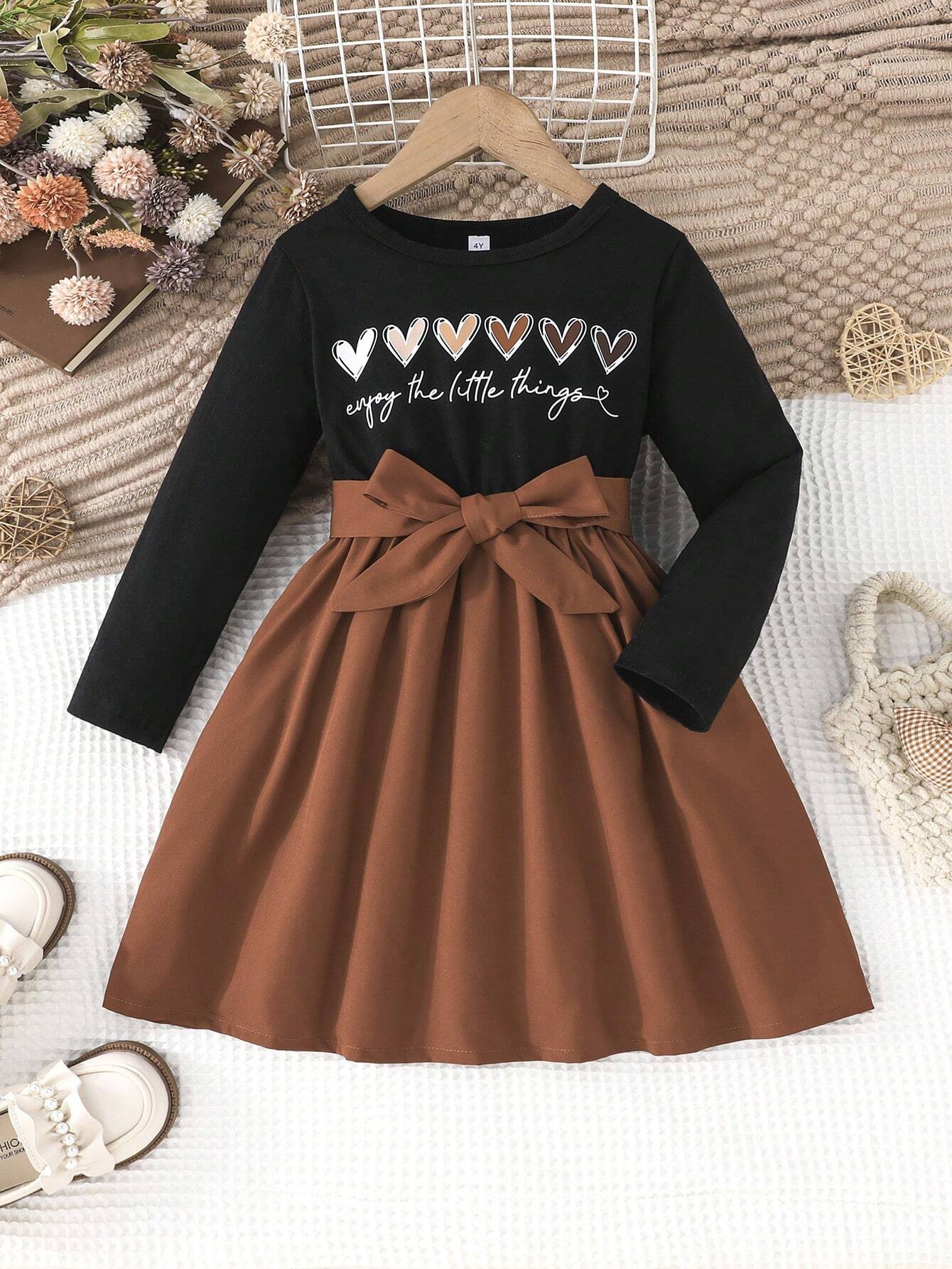 Vestido Casual Para Niña Con Moño Y Estampado De Corazones