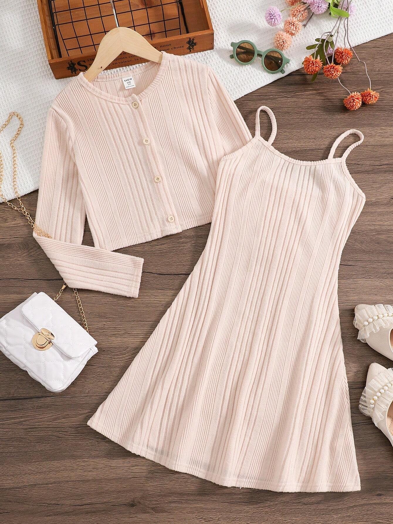 Conjunto Albaricoque De Vestido Tricotado Y Suéter Para Niña