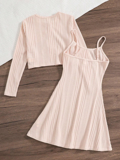 Conjunto Albaricoque De Vestido Tricotado Y Suéter Para Niña