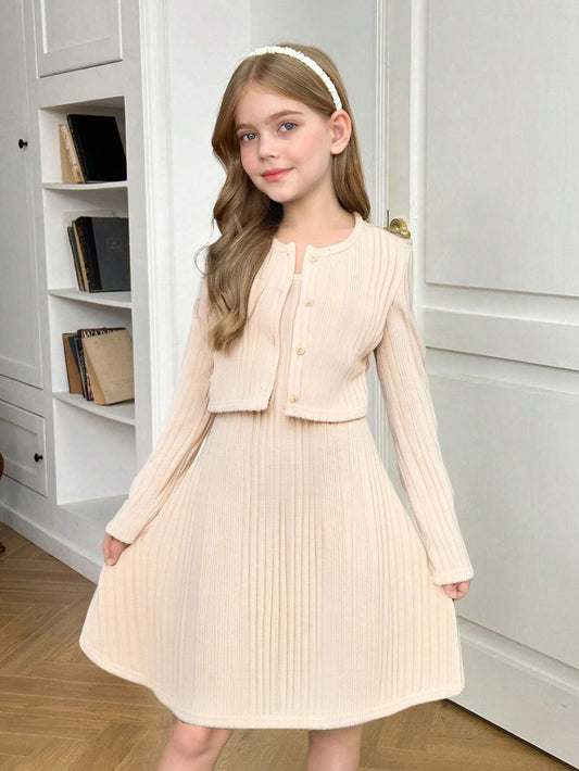Conjunto Albaricoque De Vestido Tricotado Y Suéter Para Niña