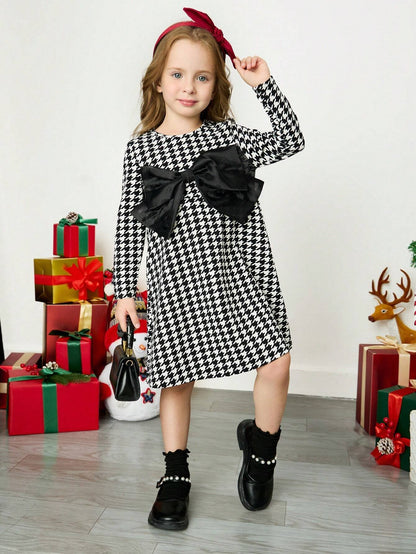 Vestido Blanco Y Negro Con Moño Elegante Para Niña