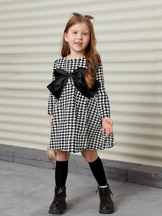 Vestido Blanco Y Negro Con Moño Elegante Para Niña