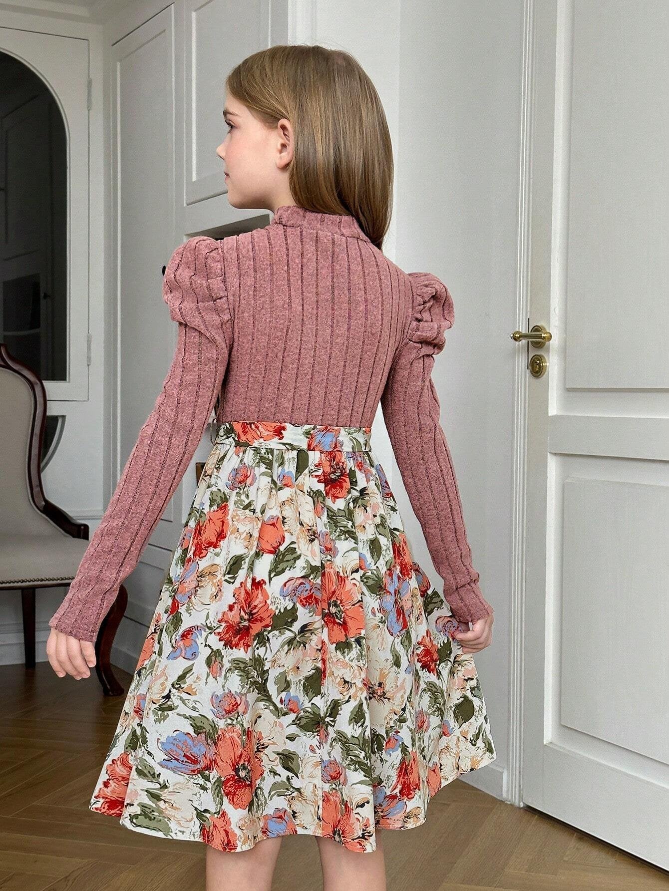 Vestido Rosa Con Manga Larga Y Falda Floral Para Niña