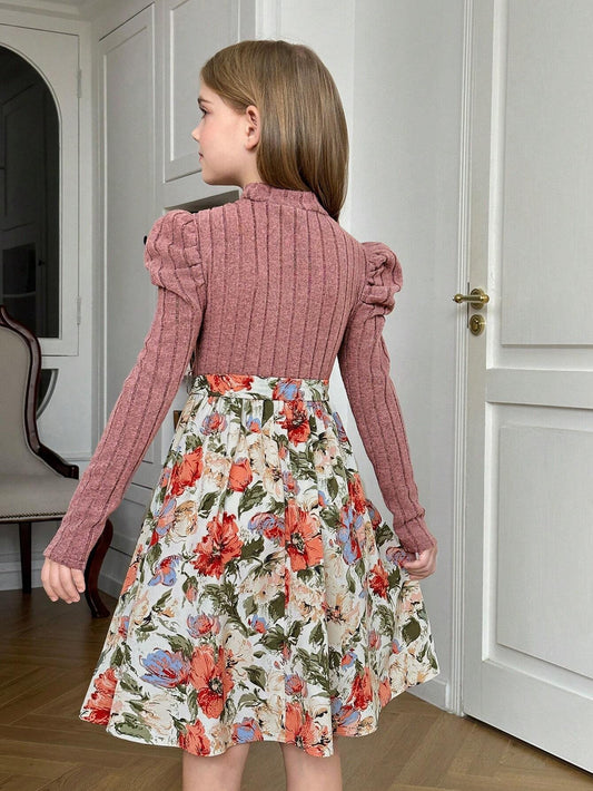 Vestido Rosa Con Manga Larga Y Falda Floral Para Niña