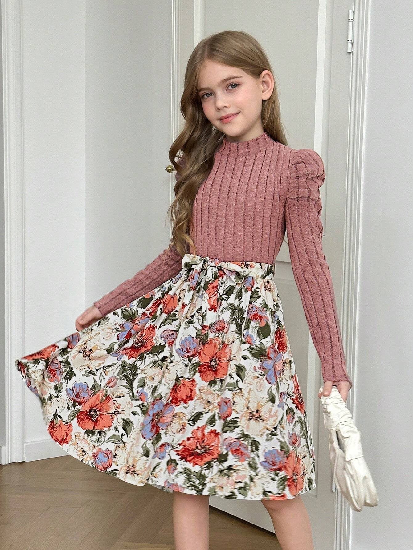 Vestido Rosa Con Manga Larga Y Falda Floral Para Niña