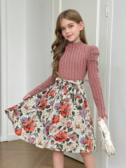 Vestido Rosa Con Manga Larga Y Falda Floral Para Niña
