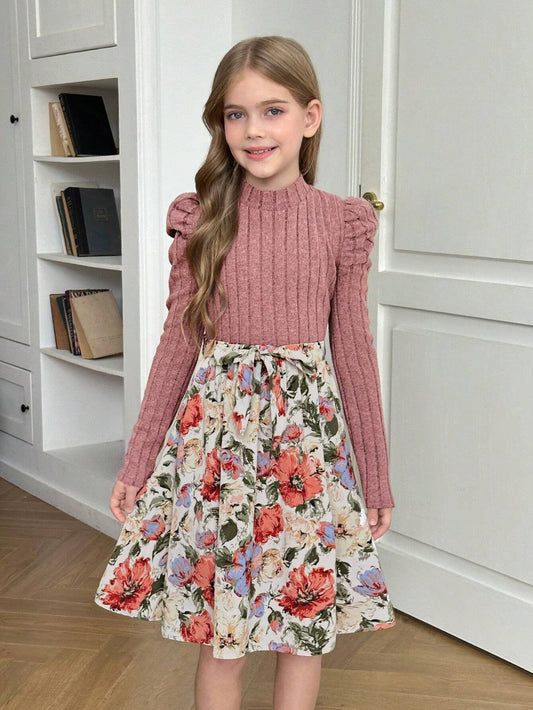Vestido Rosa Con Manga Larga Y Falda Floral Para Niña