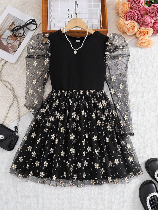 Vestido Negro Con Mangas Transparentes Bordadas Para Niña