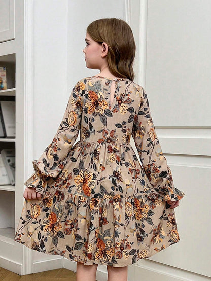 Vestido Caqui Floral Con Mangas De Campana Para Niña