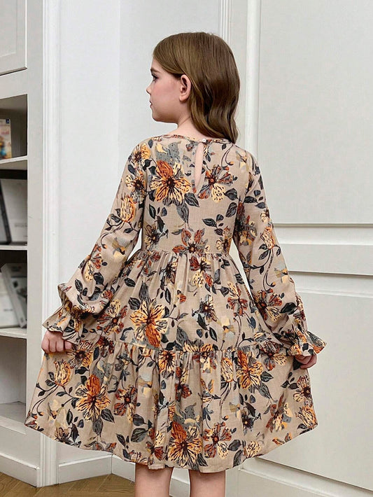 Vestido Caqui Floral Con Mangas De Campana Para Niña