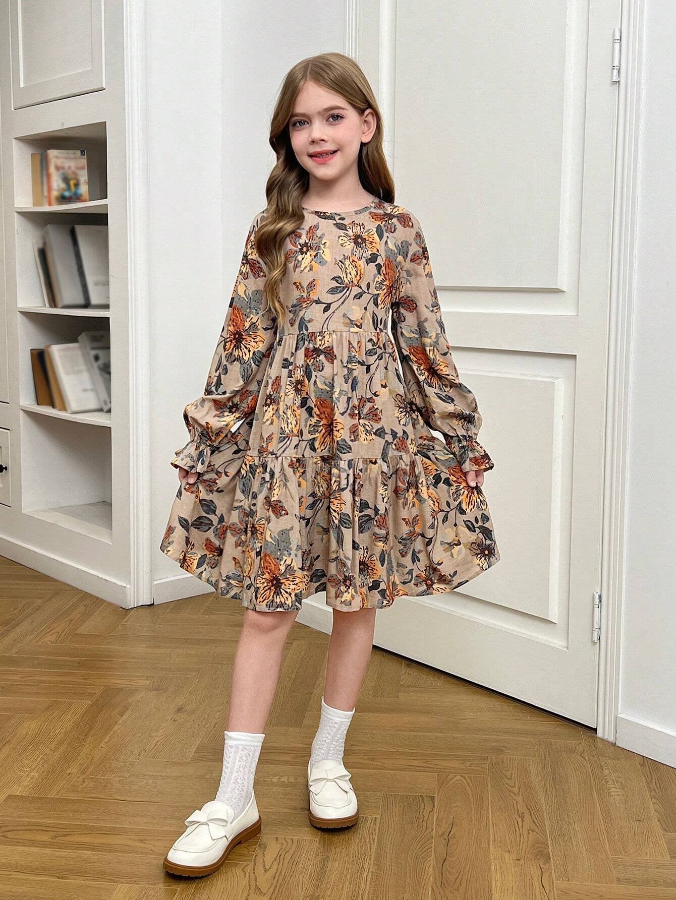 Vestido Caqui Floral Con Mangas De Campana Para Niña