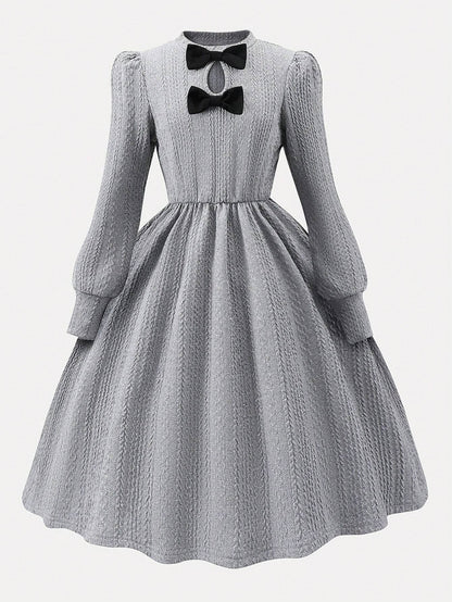 Vestido Gris Con Lazo Elegante Para Niña Preadolecente