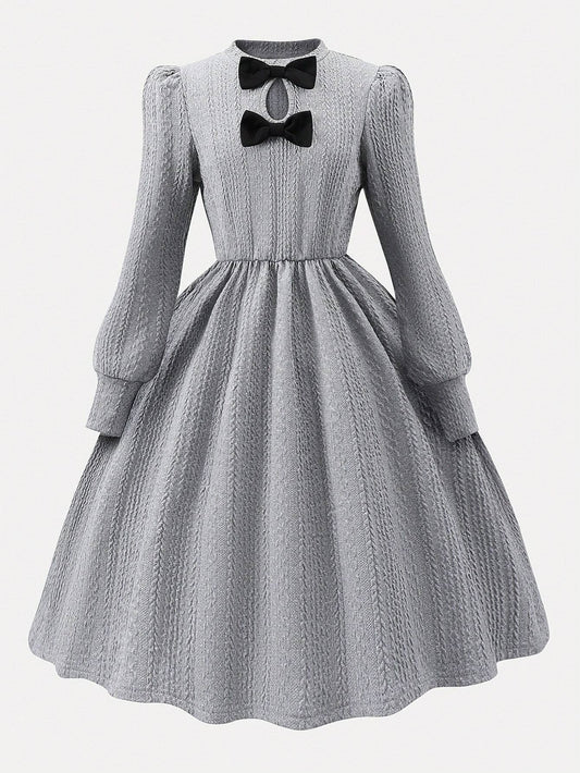 Vestido Gris Con Lazo Elegante Para Niña Preadolecente