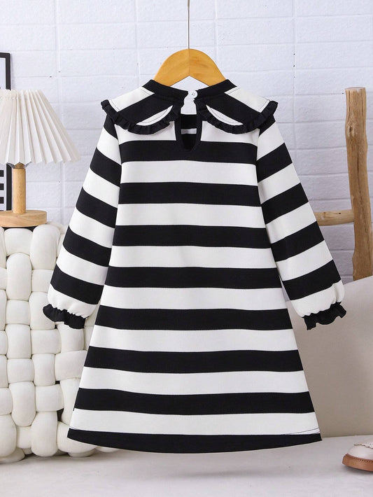 Vestido A Rayas Blanco Y Negro Con Moño Elegante Para Niña
