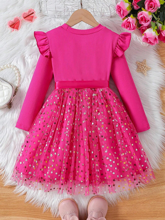 Vestido Rosa Fucsia Con Estrellas Y Moño Para Niña