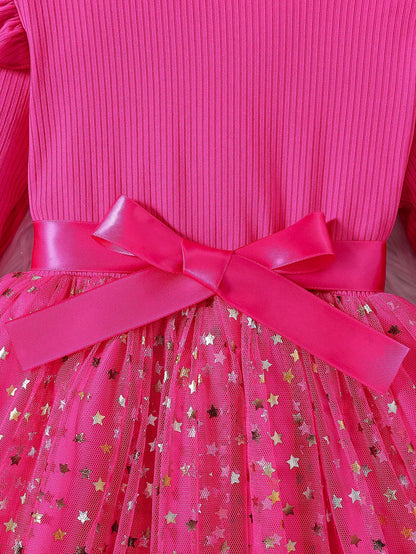 Vestido Rosa Fucsia Con Estrellas Y Moño Para Niña