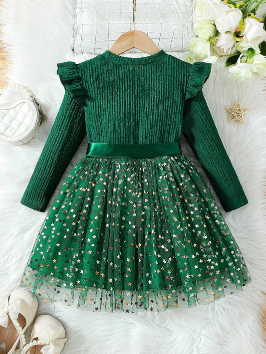 Vestido Verde Con Estrellas Y Moño Para Niña
