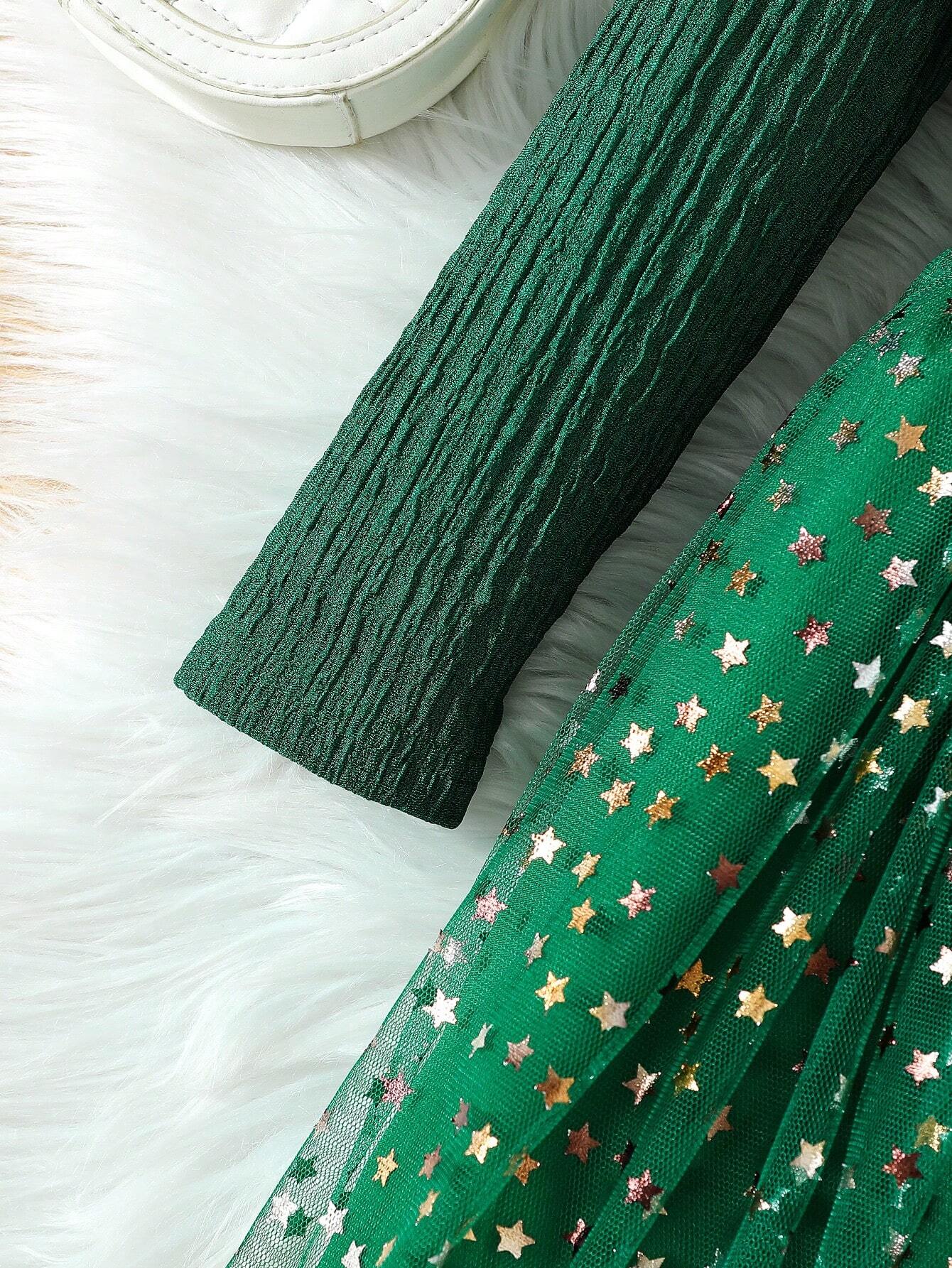 Vestido Verde Con Estrellas Y Moño Para Niña