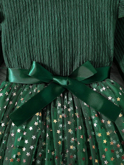 Vestido Verde Con Estrellas Y Moño Para Niña