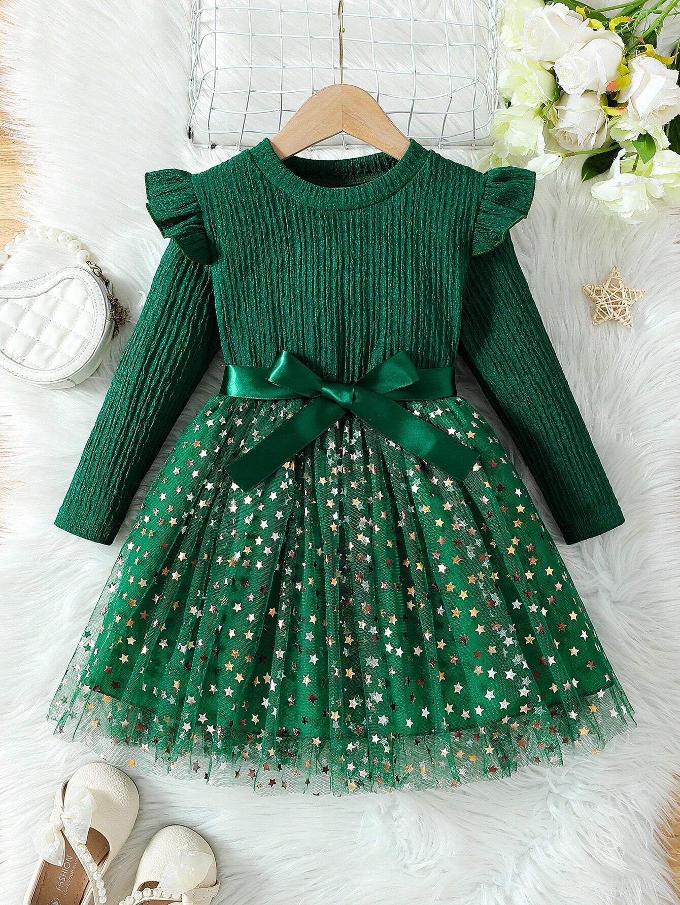 Vestido Verde Con Estrellas Y Moño Para Niña