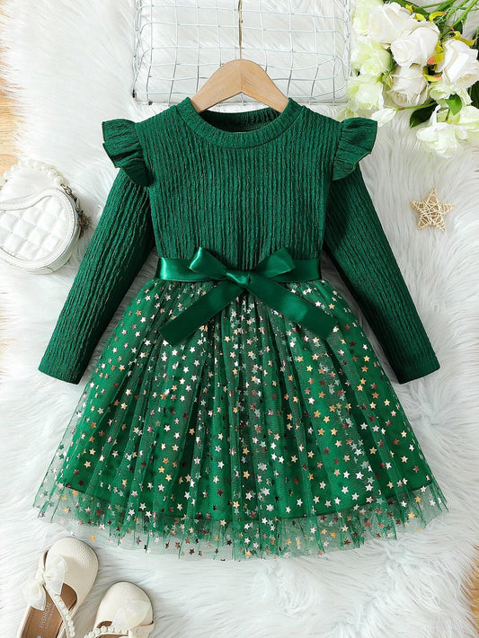 Vestido Verde Con Estrellas Y Moño Para Niña