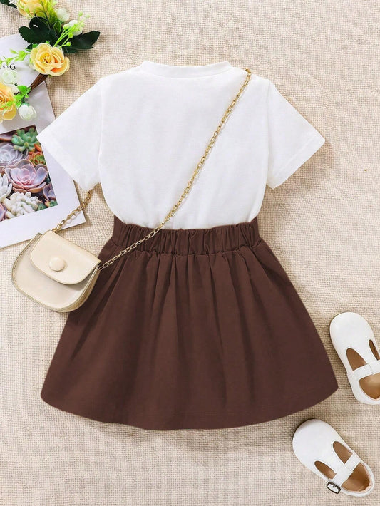 Conjunto De Blusa Blanca Con Bordado Y Falda Marrón Para Niña