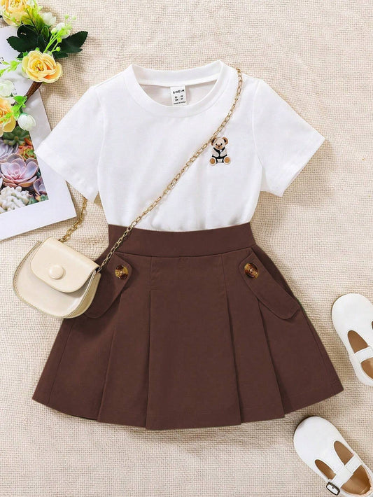 Conjunto De Blusa Blanca Con Bordado Y Falda Marrón Para Niña