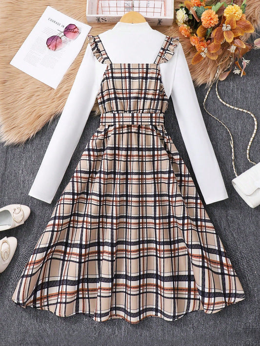 Set De Vestido A Cuadros Con Blusa Blanca Para Adolescente